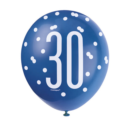 Palloncini 30 anni a pois blu 30 cm 6 pezzi