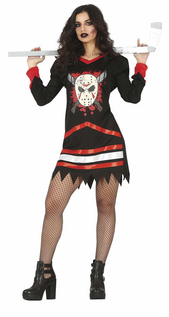 Costume di Halloween da hockey su ghiaccio da donna rosso nero