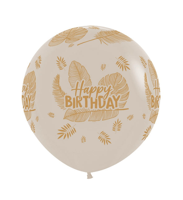 Palloncini Buon Compleanno Foglie Tropicali Sabbia Bianca 61cm 3 pezzi