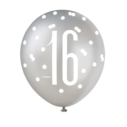 Palloncini 16 anni a pois neri 30cm 6pz