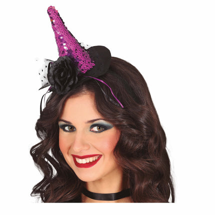 Cerchietto Halloween Mini Cappello Strega Paillettes Viola