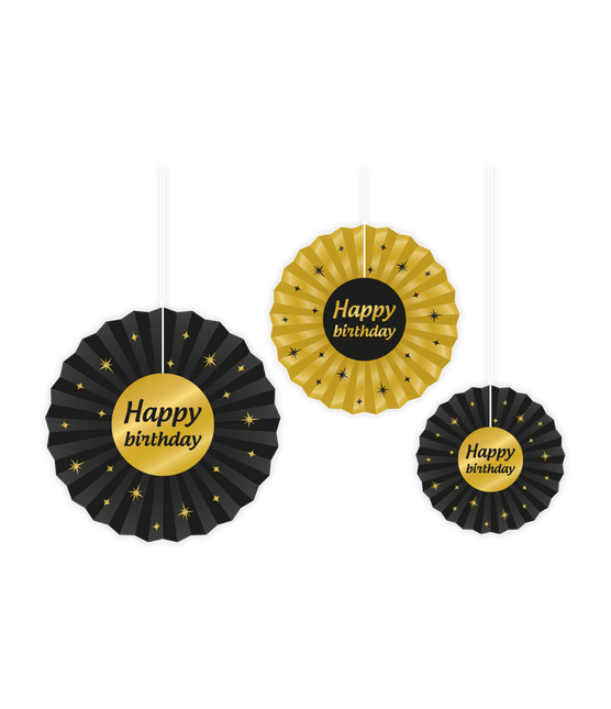 Ventagli di carta Happy Birthday Set 20-40cm 3 pezzi