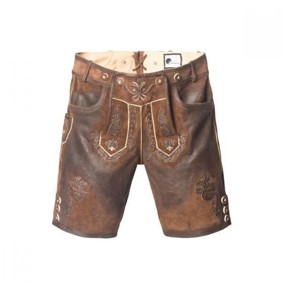 Lederhose in pelle corti marrone scuro con cuciture e bretelle