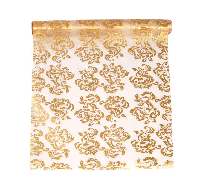 Tessuto Organza Bianco Oro e Argento Stampa Fiori Re 36cm 9m