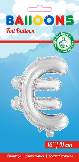 Palloncino in foil Euro Sign Silver 41cm con cannuccia