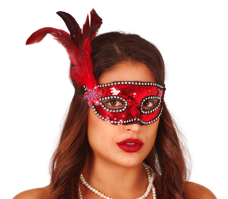 Maschera rossa Piume Paillettes