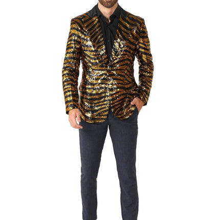 Blazer da uomo in paillet con tigre nera e oro OppoSuits