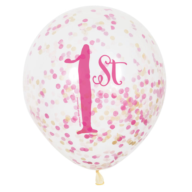 Palloncini a coriandoli 1 anno rosa 30cm 6pz