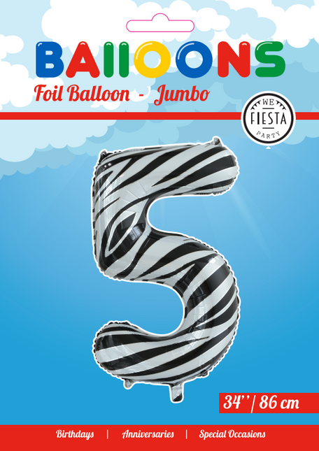 Palloncino in foil Figura 5 Zebra XL 86cm vuoto