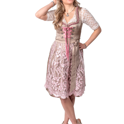 Abito Dirndl Oro Rosa Oktoberfest Donna 2 Pezzi