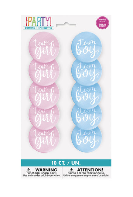 Bottoni per la rivelazione del sesso Team Boy e Team Girl 3cm 10pz