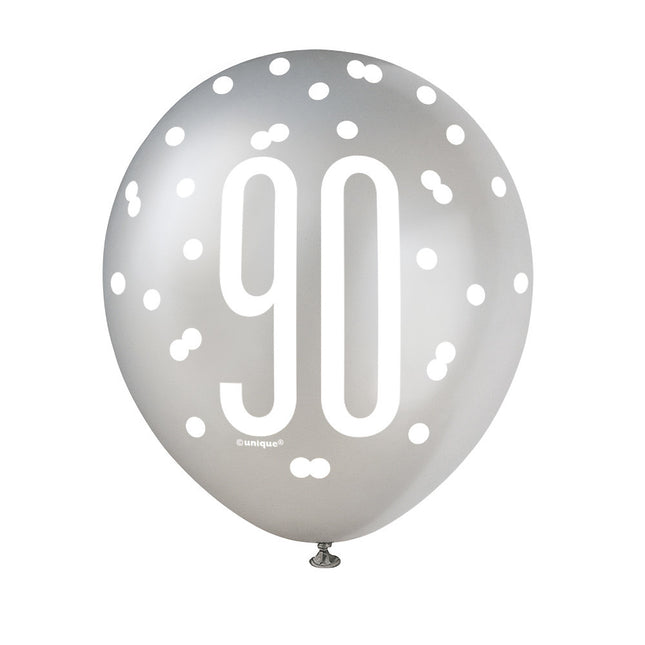 Palloncini 90 anni a pois neri 30cm 6pz