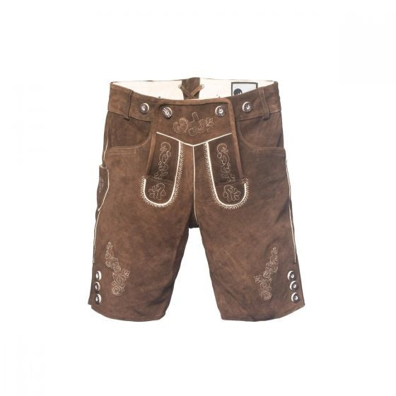 Lederhose corti in pelle marrone scuro e bretelle