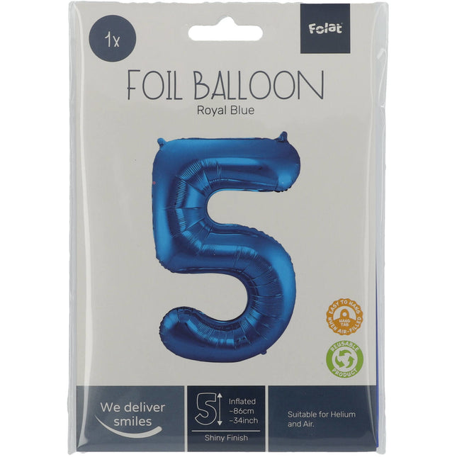 Palloncino Foil Figura 5 Blu Metallizzato XL 86cm vuoto