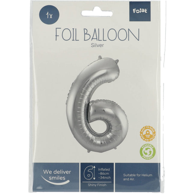 Palloncino Foil Figura 6 Argento Metallizzato XL 86cm vuoto