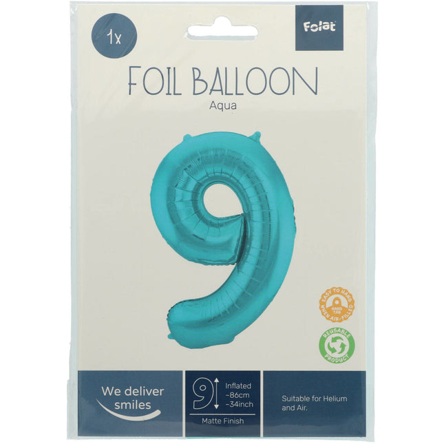 Palloncino in foil Figura 9 Verde menta pastello XL 86 cm vuoto