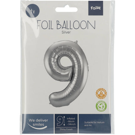 Palloncino Foil Figura 9 Silver Metallic XL 86cm vuoto