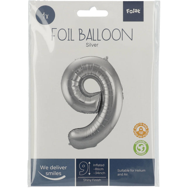 Palloncino Foil Figura 9 Silver Metallic XL 86cm vuoto