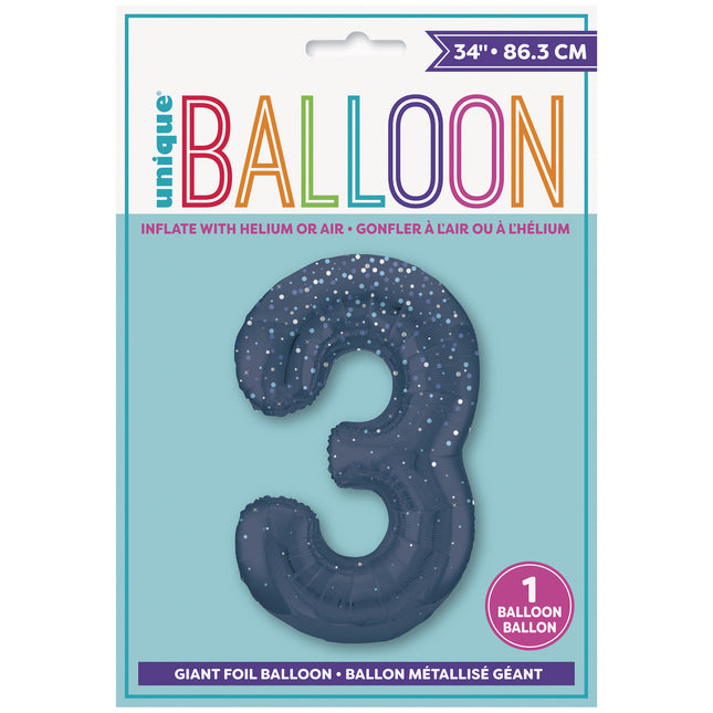 Palloncino 3 anni a forma di figura blu scuro a pois 86 cm