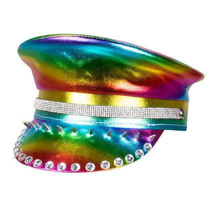 Cappello con borchie arcobaleno