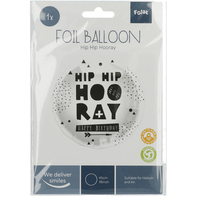 Palloncino ad elio Hip Hip Hooray Nero Bianco Vuoto 45cm