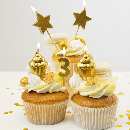 Candele 3 anni Cupcake Oro 17,5 cm