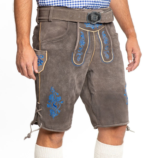 Lederhose in pelle corta blu e cintura