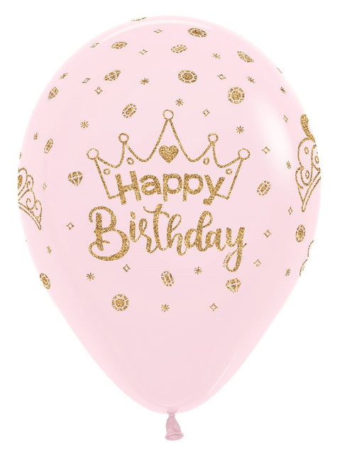 Palloncini Happy Birthday Crowns Glitter Ink Pastel Matte Pink 30cm 25pcs