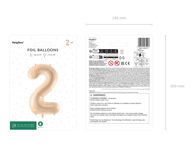 Palloncino in foil Numero ''2'', 72 cm, beige