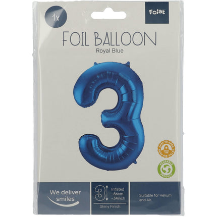 Palloncino Foil Figura 3 Blu Metallizzato XL 86cm Vuoto