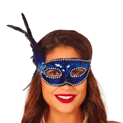 Maschera Piume Paillettes Blu