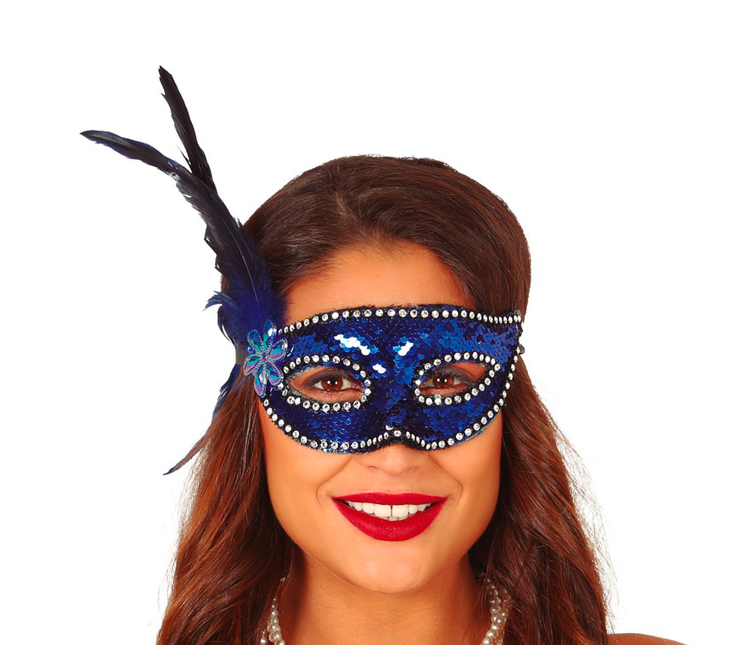 Maschera Piume Paillettes Blu