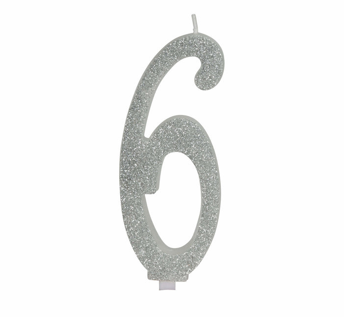 Candela Argento 6 Anni Glitter 12,5 cm