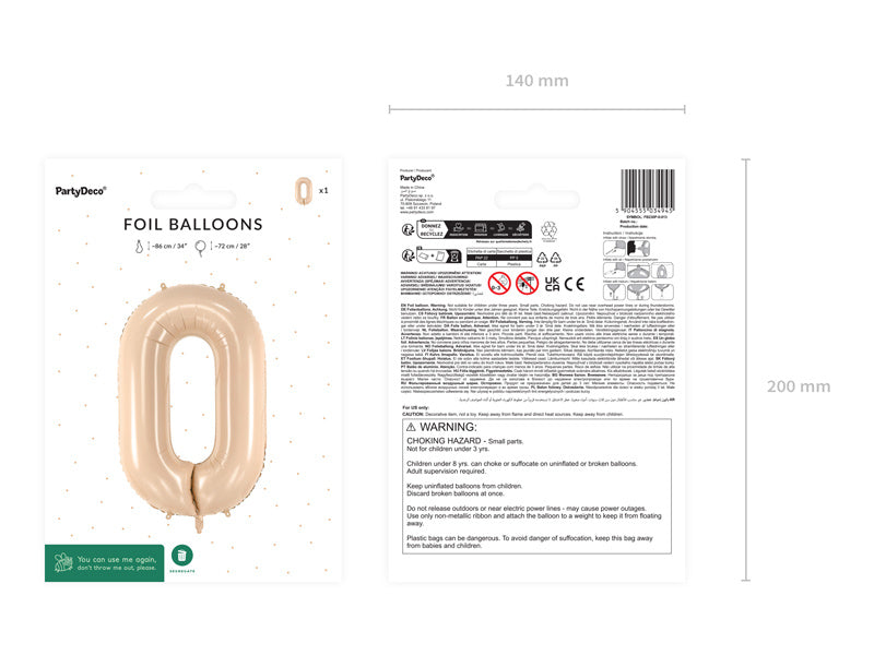 Palloncino in foil Numero ''0'', 72 cm, beige