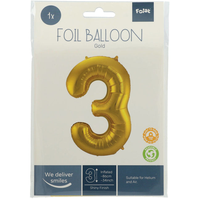 Palloncino Foil Figura 3 Gold Metallic XL 86cm vuoto