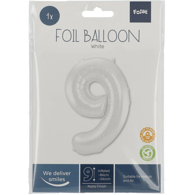 Palloncino Foil Figura 9 Bianco Opaco XL 86cm vuoto