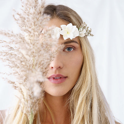 Cerchietto per capelli a fiori con fiocco bianco