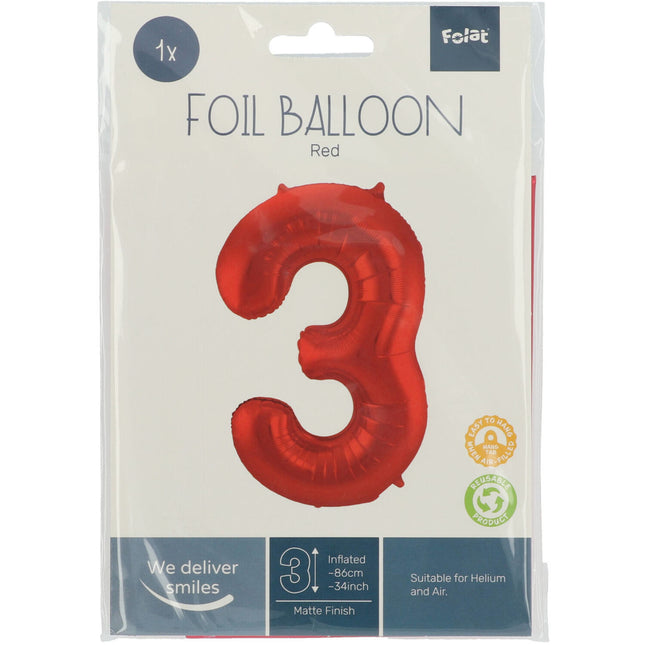 Palloncino Foil Figura 3 Rosso Opaco XL 86cm vuoto