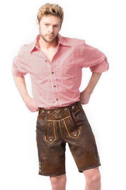 Lederhose in pelle corti marrone scuro con cuciture e bretelle