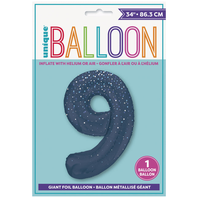 Palloncino 9 anni a forma di figura blu scuro a pois 86 cm