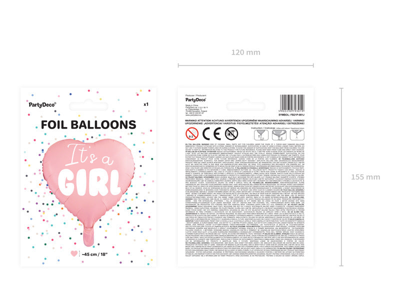 Palloncino ad elio Cuore It's A Girl vuoto 45 cm