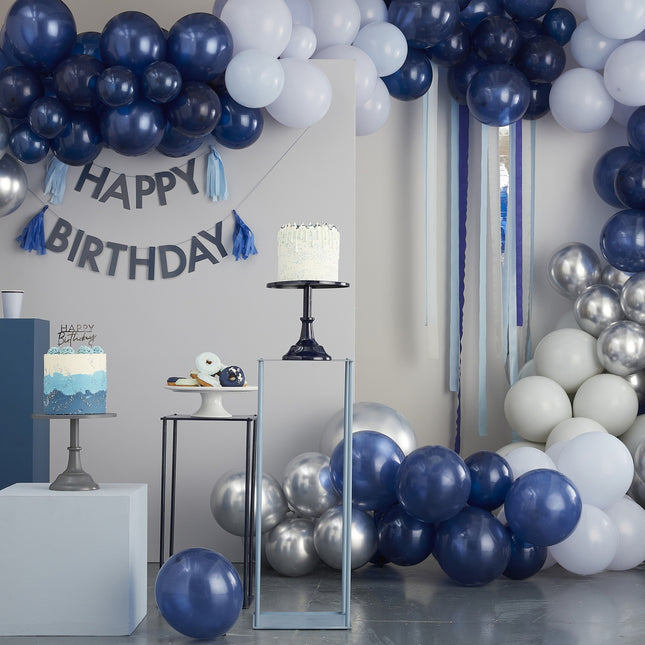 Tenda per porta blu di buon compleanno con palloncini