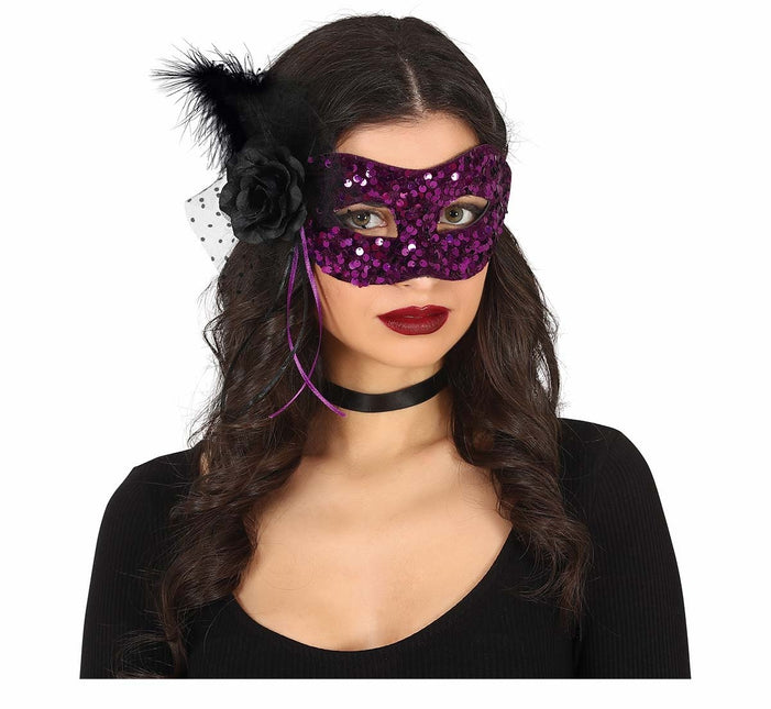 Maschera occhi viola con lustrini floreali