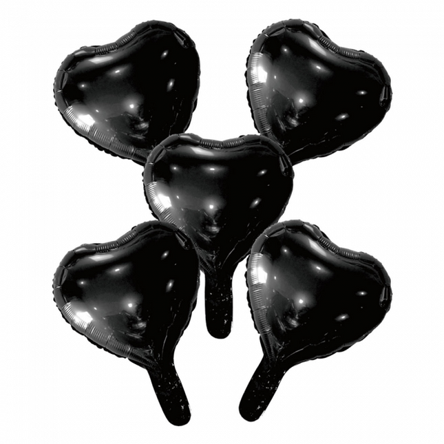 5 palloncini Foil cuore con cannuccia di carta 9" nero