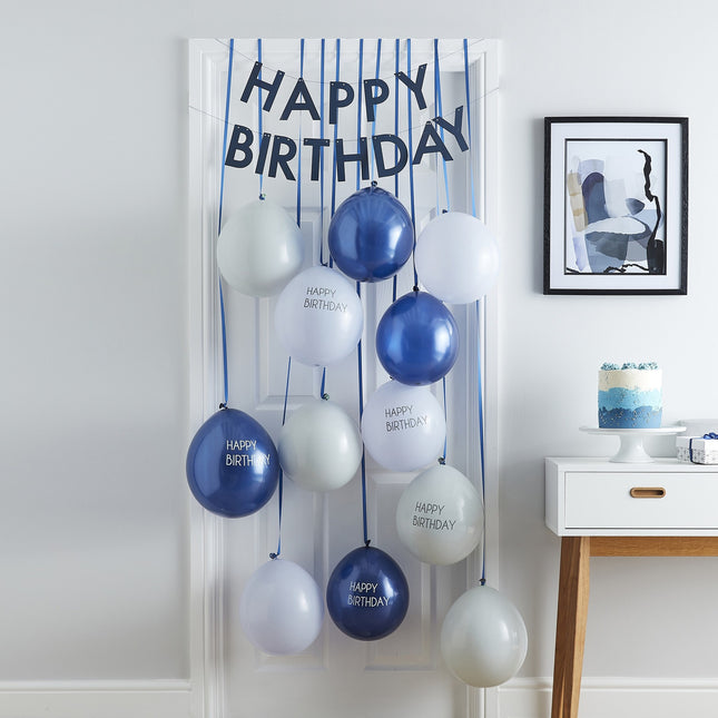 Tenda per porta blu di buon compleanno con palloncini