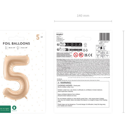 Palloncino in foil Numero ''5'', 72 cm, beige