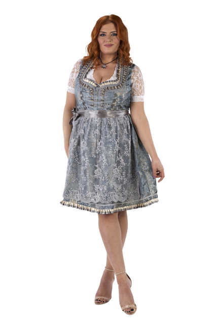 Dirndl 2-dlg blu antico/grigio argento, grembiule in pizzo