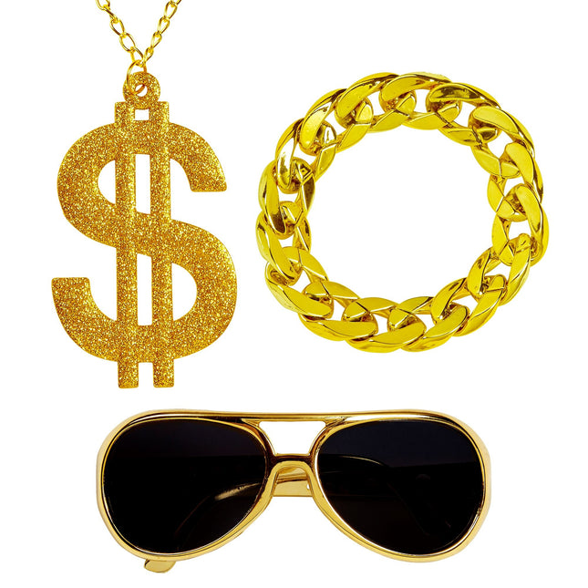 Set di accessori da rapper Oro 3 pezzi