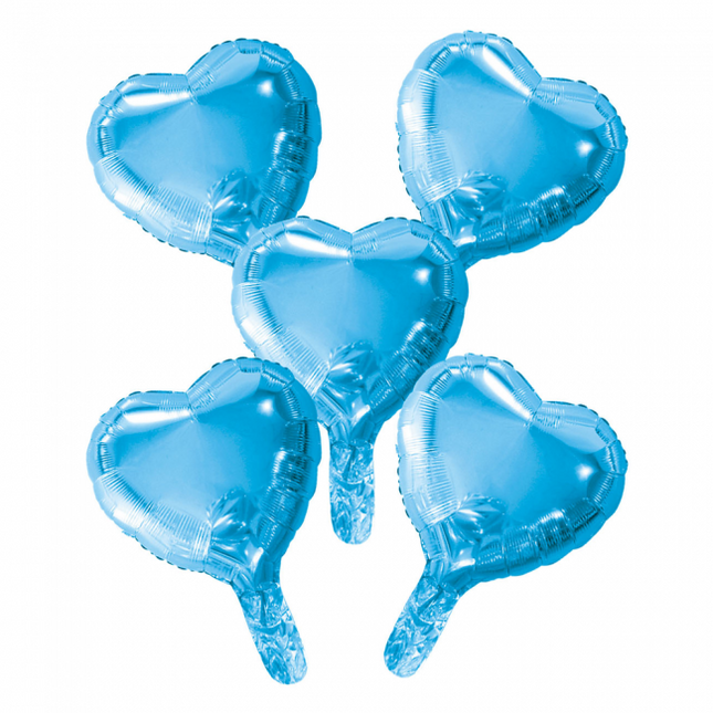 5 palloncini foil cuore con cannuccia di carta 9" azzurro baby