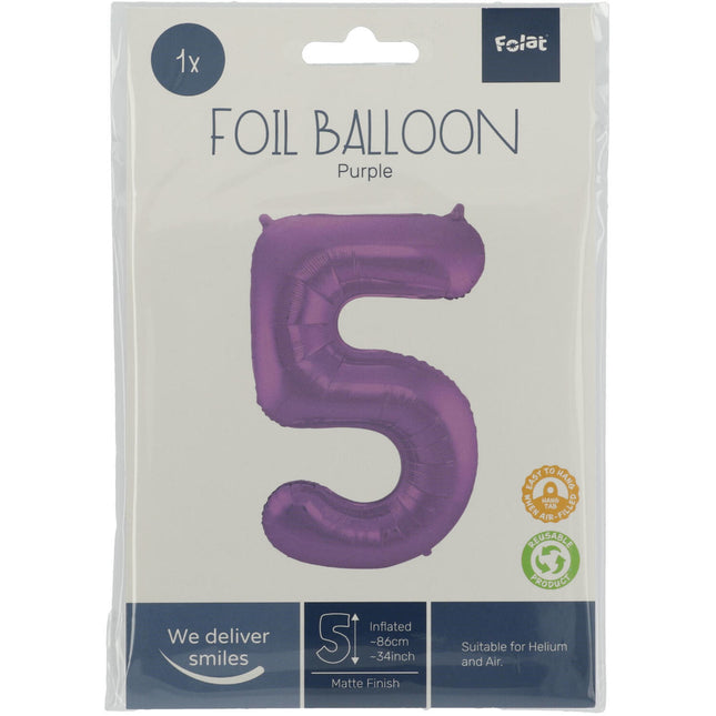 Palloncino Foil Figura 5 Viola Opaco XL 86cm vuoto